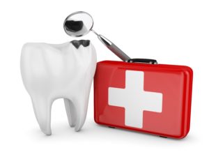 Illustration of a large tooth with a cavity sitting next to a dental mirror and a red emergency kit