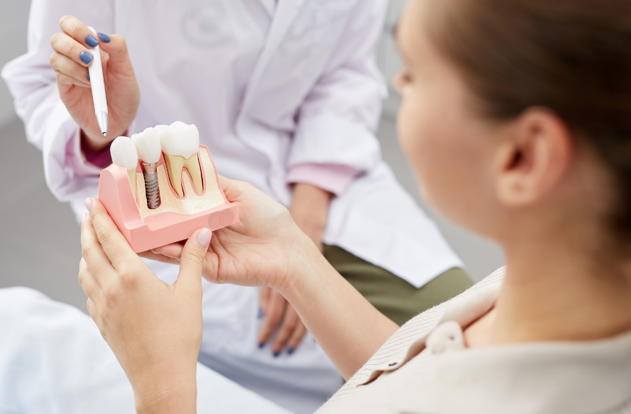 Dentist showing patient dental implant model